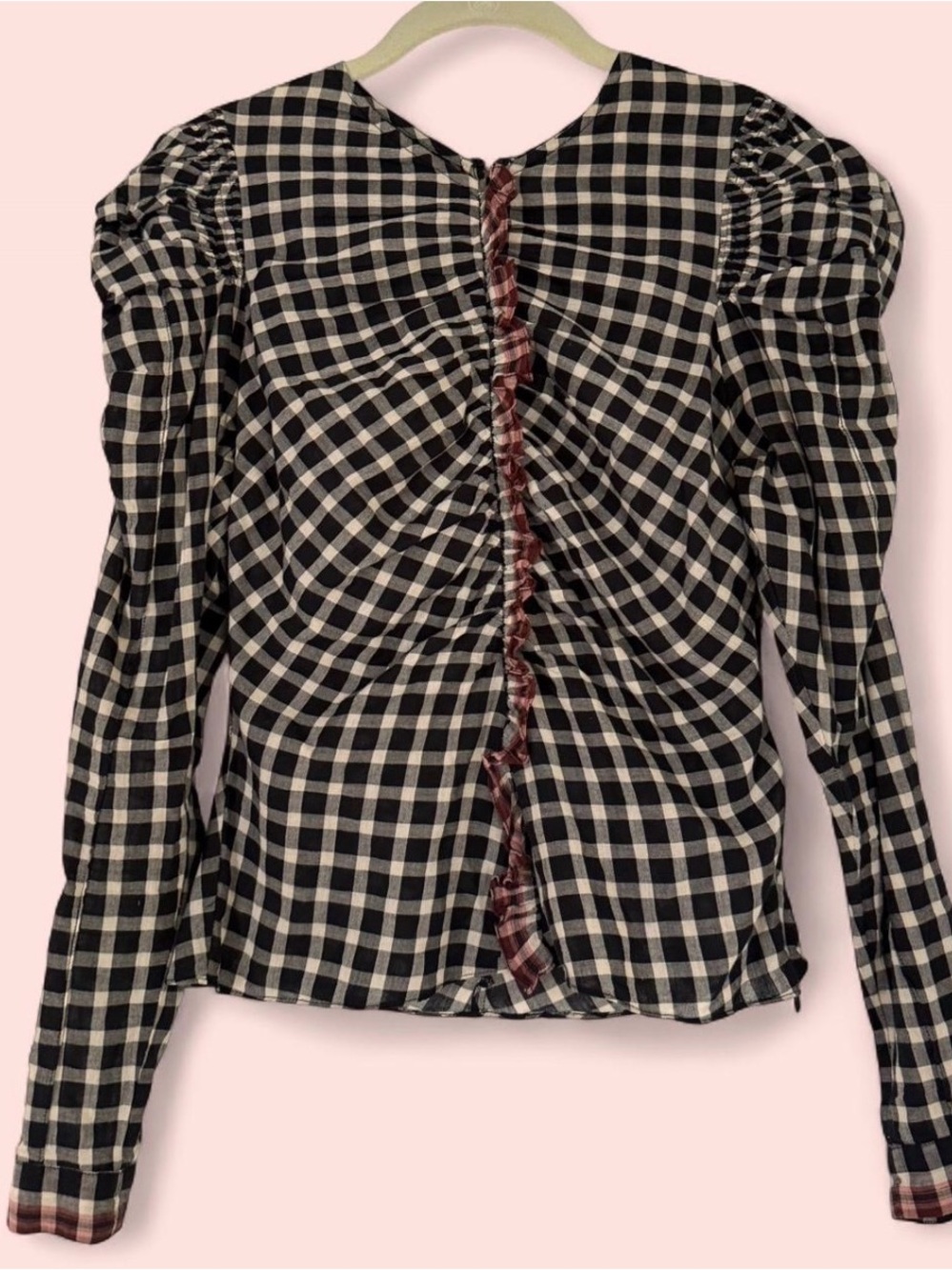 Ulla Johnson Black and Cream Plaid Ruffle-Trim Puff Sleeve Blouse